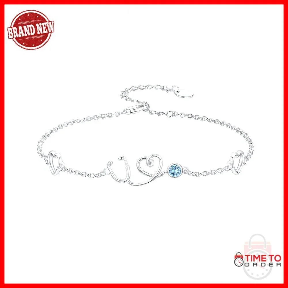 Sterling Silver Stethoscope Nurse Bracelet with Birthstone Medical Jewelry Gift